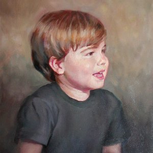 portrait painting of a smiling boy looking to his left