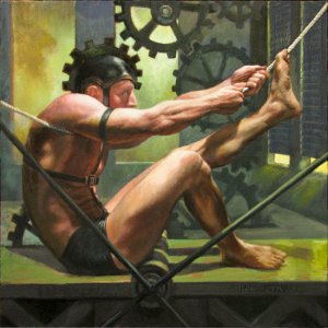 painting of man wearing cog helmet pulling on  rope