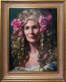 female model wears blonde 18th Century Wig with pink roses