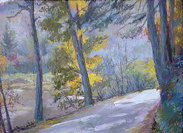 painting of a mountain road during autumn