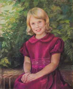 pastel painting of a seated blonde girl wearing a burgundy dress
