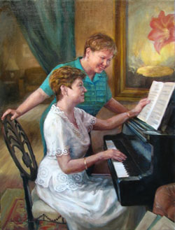painting of a woman playing piano for another woman