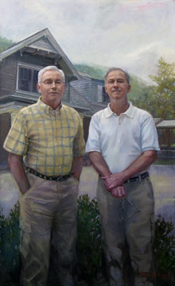 oil portrait of two men in front of a house