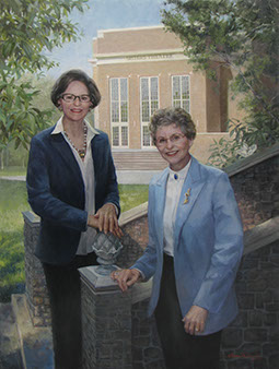 oil portrait of two women standing before Berry College architecture