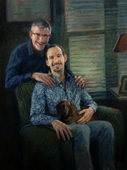 oil portrait painting of two men with a Dachshund
