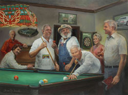 oil portrait painting of six men and one woman around a pool table