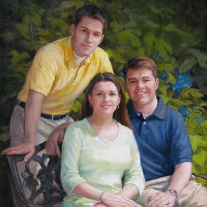 portrait painting of three adult siblings outside