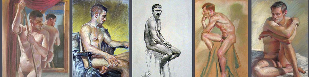 5 drawings of a fit nude male model