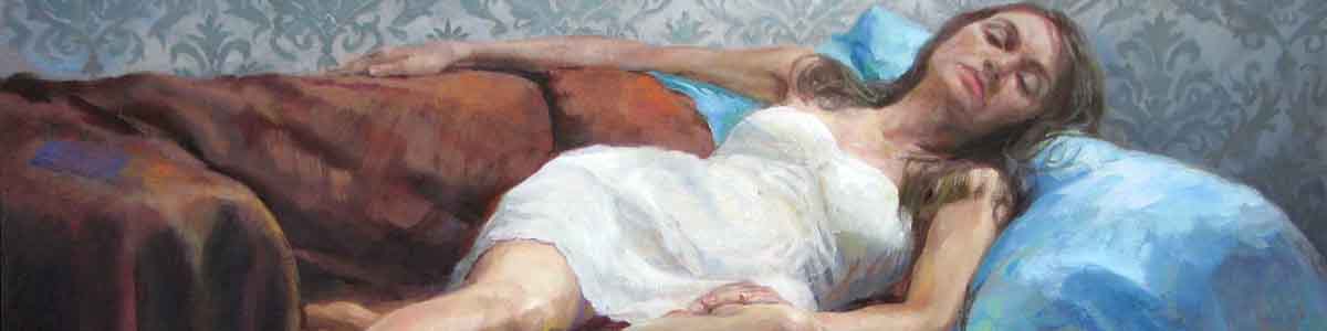 brunette woman wearing white dress reclining in a painting by Shane McDonald