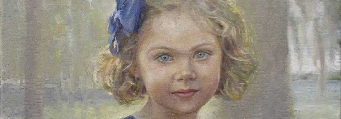 detail of a painting of a young girl's angelic blue eyes