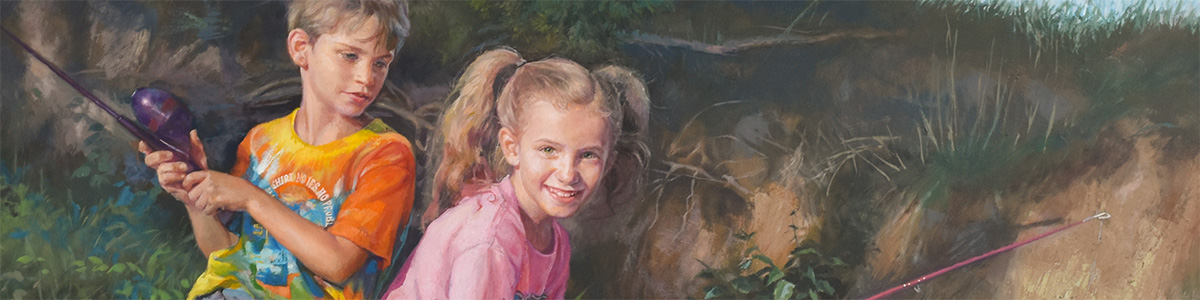oil painting of a boy and girl fishing in a creek
