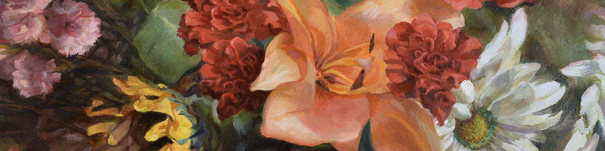detail of painting with orange lily with sunflower and red chrysanthemums