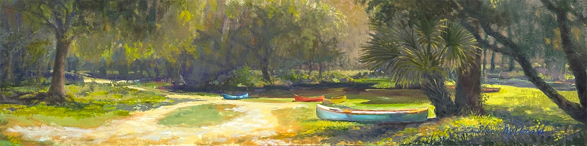 painting of canoes parked at Eden State Park, Florida