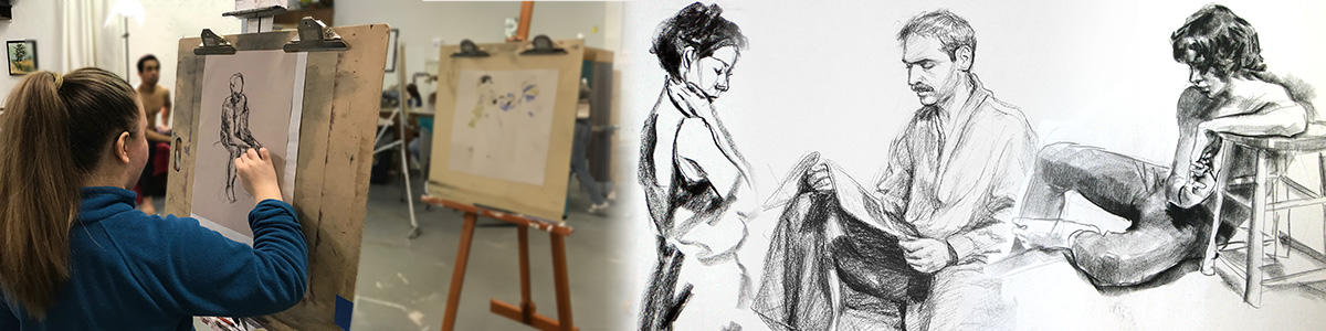 a studio art class for teens and adults drawing a clothed figure on drawing paper