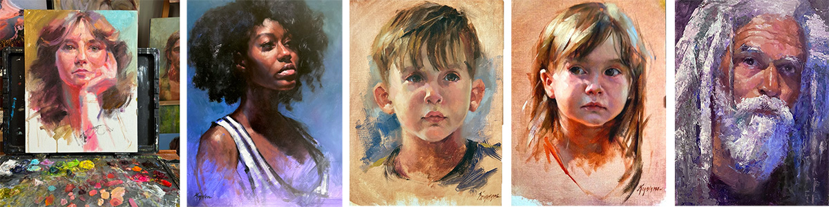 portrait paintings by Kristina Laurendi Havens which demonstrate her live painting technique while teaching Atlanta-area art classes and workshops