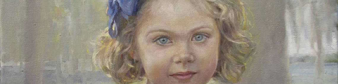 detail of a painting of a young girl's angelic blue eyes