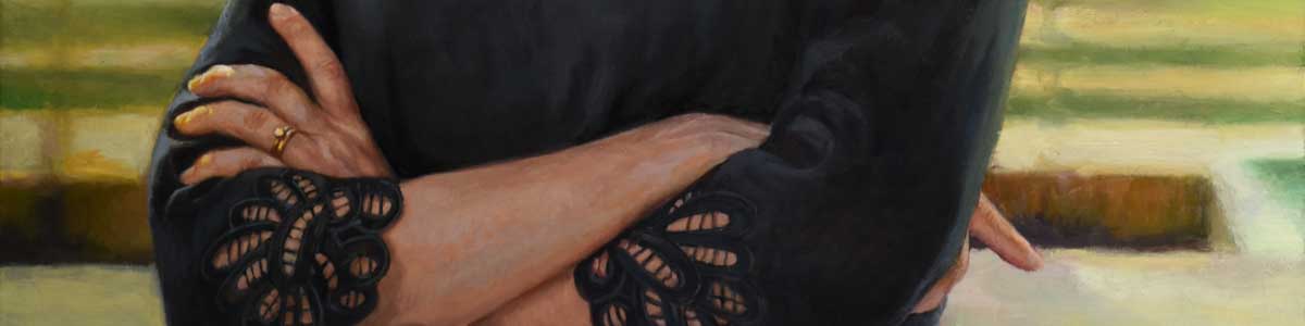 detail of painting of a woman's folded arms with hands