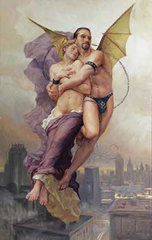 appropriated painting of a semi-nude angel with bat wings and wearing black leather carrying a semi-nude blonde man