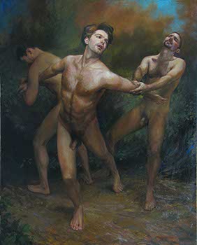 painting of a nude man held back by two other nude men
