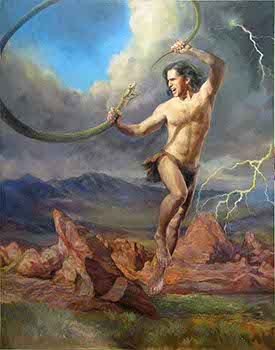painting of a native man leaping like a superhero in a western North American landscape while holding the Ouroboros' tail and head