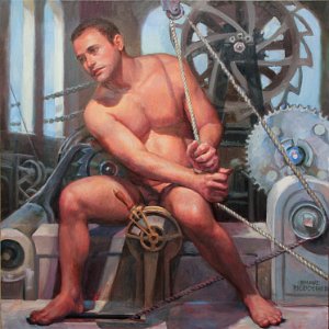 painting of a nude male seated and interacting with machinery inside a tower