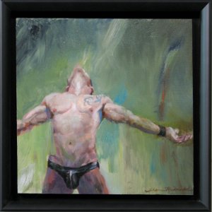 painting of a semi-nude man arching backwards while wearing wearing black leather underwear