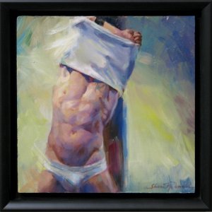 painting of a standing semi-nude muscular man obscuring his face as he removes his tank top