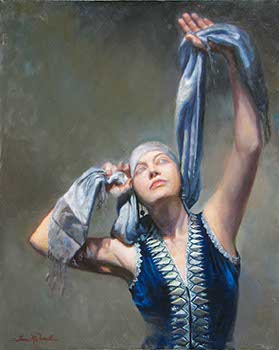 painting of an upward-reaching female wearing a blue-gray scarf and dress with a blue bottis