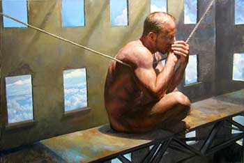painting of a muscular nude man seated on a steel girder high inside old ruins of a skyscraper building
