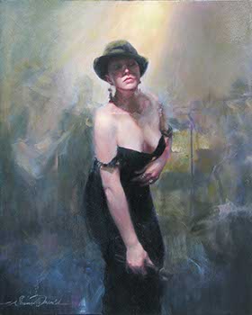 painting of a woman wearing a black cocktail dress and a black Fedora hat while holding a microphone