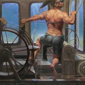 painting of a muscular man in an underwater room with a water wheel looking for an escape