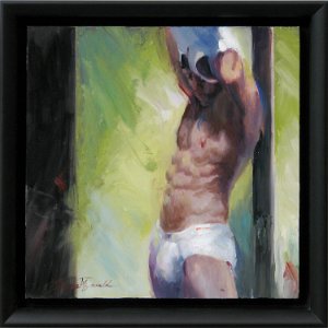 painting of a standing semi-nude muscular man removing his white tank top