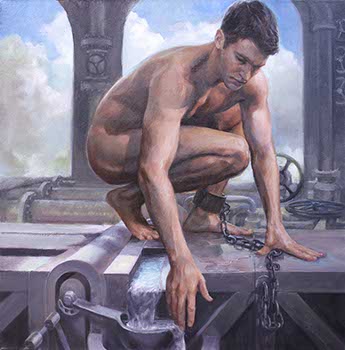 painting of nude male kneeling to reach a stream of water as he is chained at the ankle