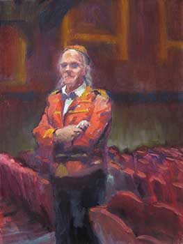 painting of a theatre usher wearing a red coat