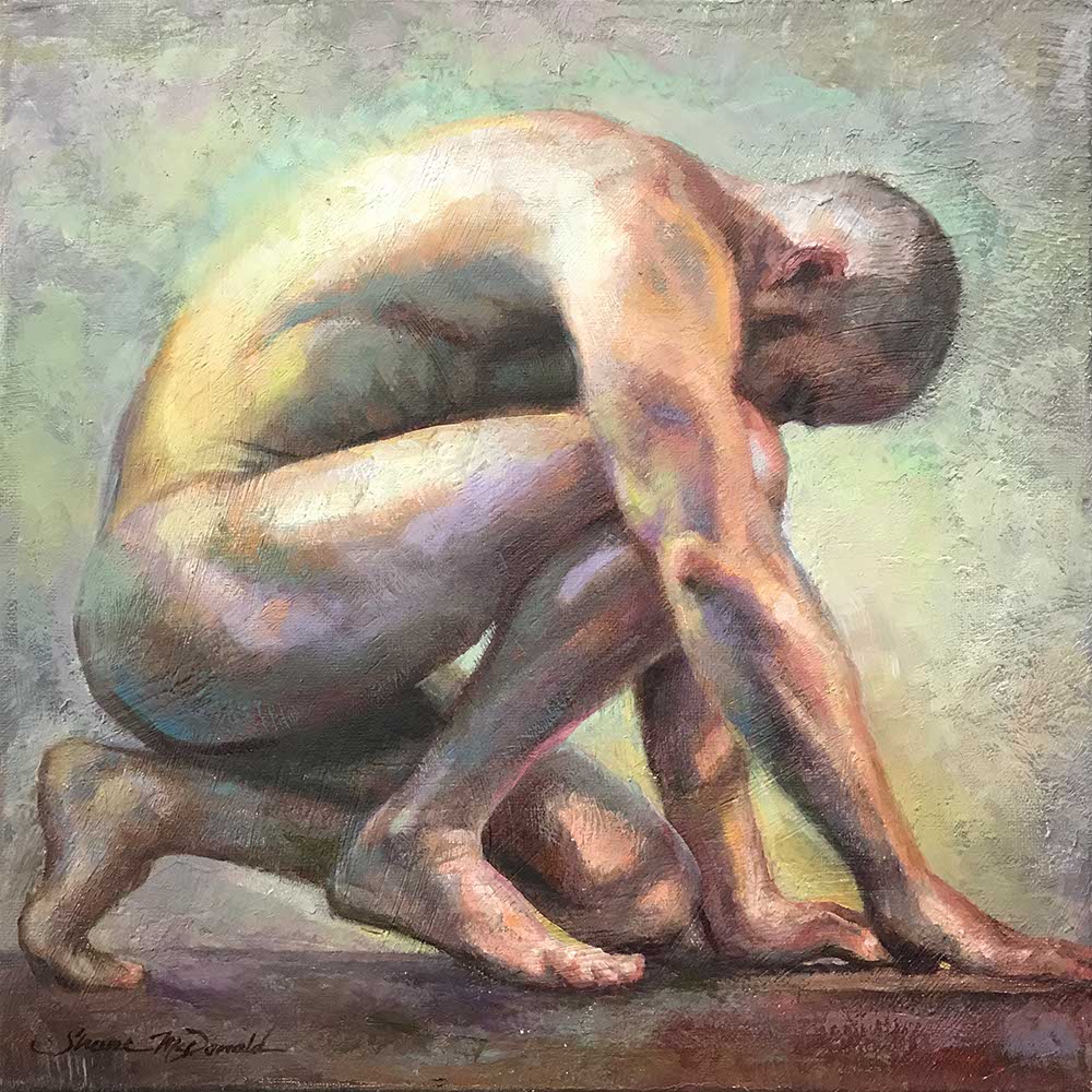 painting of a nude male kneeling with his hands on the floor and head down