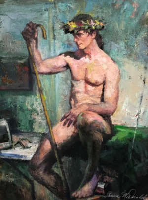 painting of a nude male figure wearing a laurel crown and holding a crook