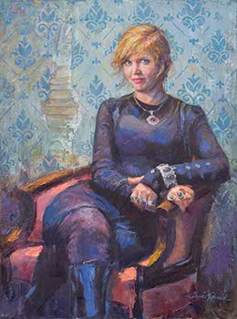 painting of a woman with piercing blue eyes sitting on a chair before Victorian wallpaper