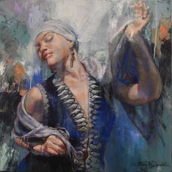 disrupted painting of a female dancing with a silver scarf