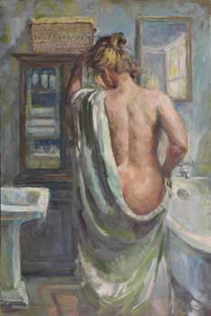 painting of a nude female preparing for a bath