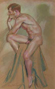 drawing of a male nude seated on a stool