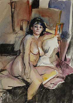 mixed media drawing of a brunette woman reclining on the floor against a chair