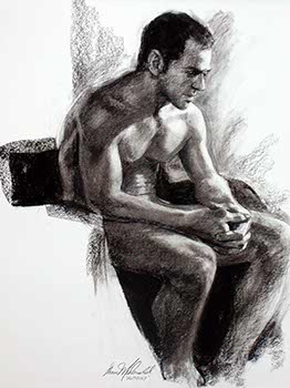 drawing of a male nude seated with clasped hands