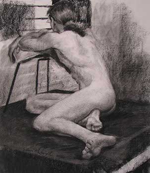 drawing of a male nude's back semi-reclined