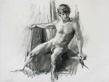 drawing of a male nude seated with a lean