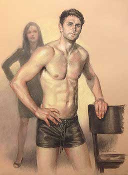 drawing of a fit shirtless man having a tiff with his female counterpart