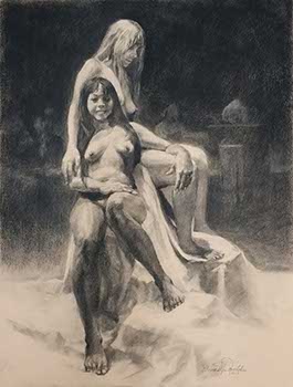 drawing of two nude females with a dark background