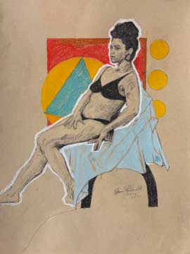 mixed media drawing of a woman wearing a black bikini amongst colorful geometric shapes