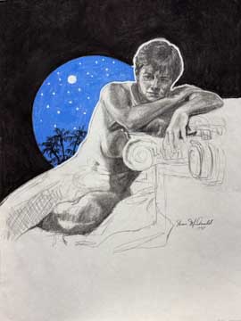 graphite drawing of a nude woman reflecting seated on the ground leaning over a scroll capital stand with a circle starry sky and moon behind a silhouette of palm trees