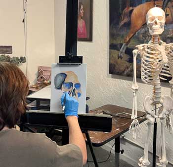 painting student paints a color study of a skull