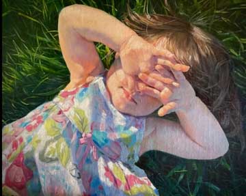 Kristina Havens' painting of a child shielding her eyes while laying in the grass